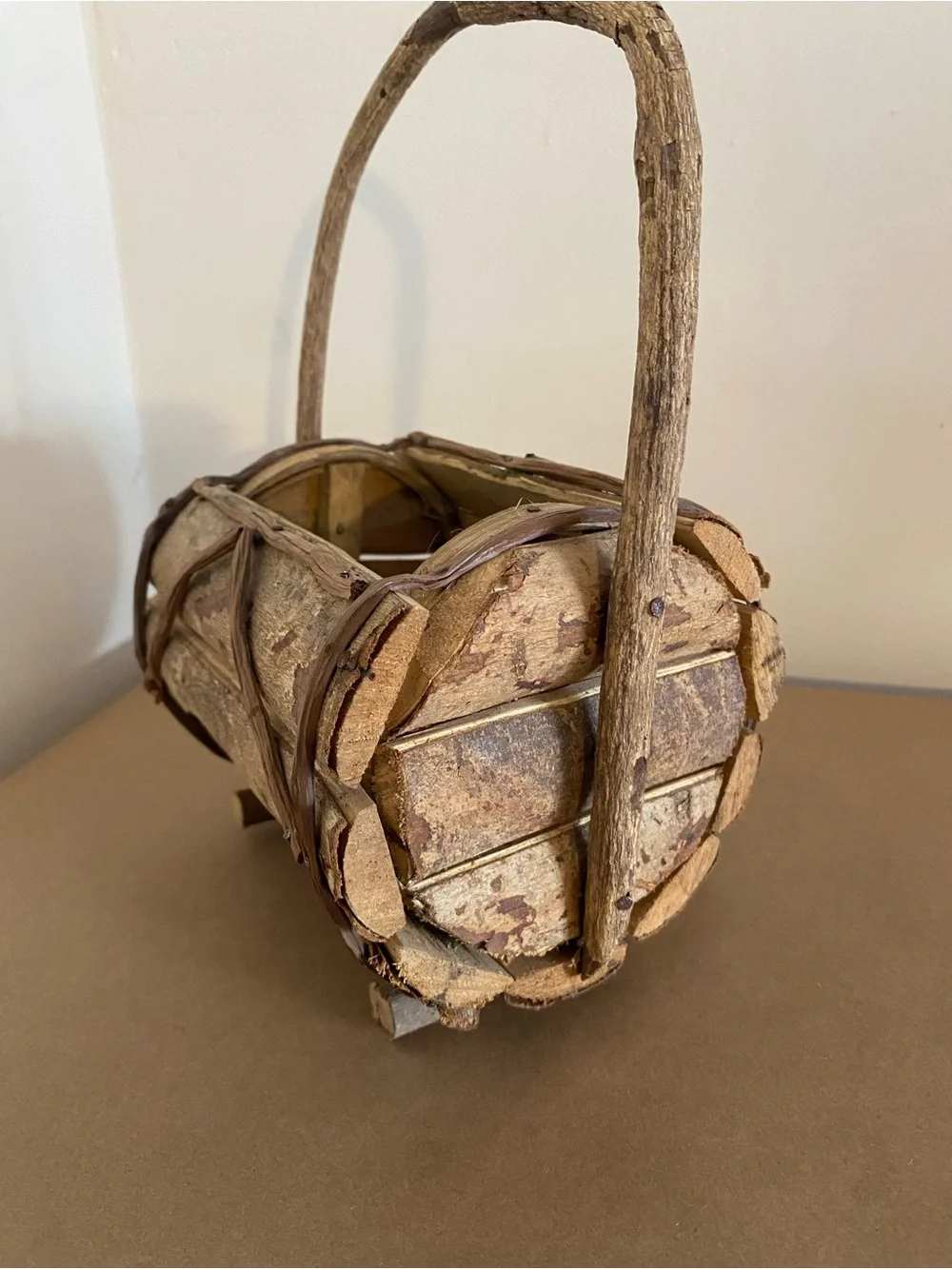 Rustic Natural Wood Handle Barrel Basket Brown with nails, vine wrapped decor